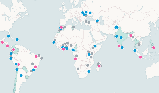 Map showing MobiliseYourCity city and country members