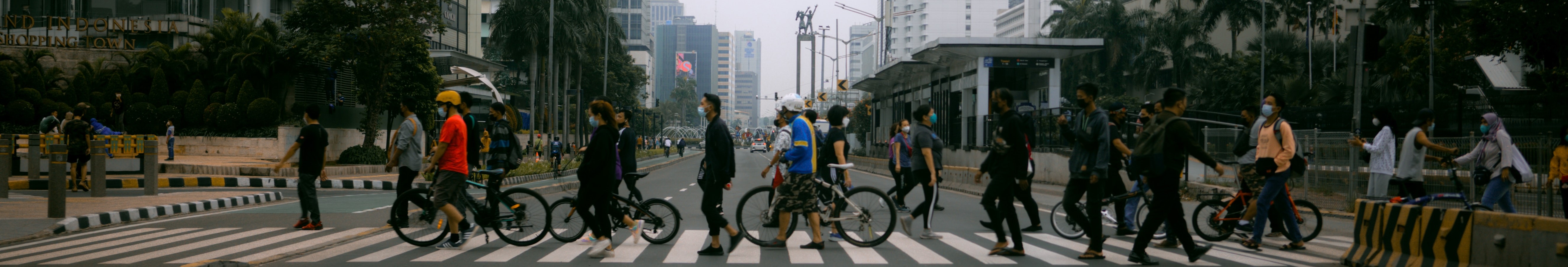 Crosswalk with pedestrians and cyclists