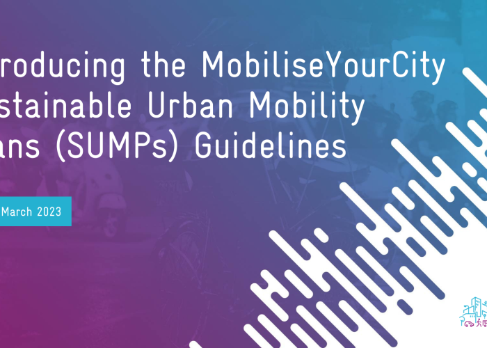 a tweetcard with the title of the webinar "Introducing the MobiliseYourCity Sustainable Urban Mobility Plan (SUMP) guidelines"